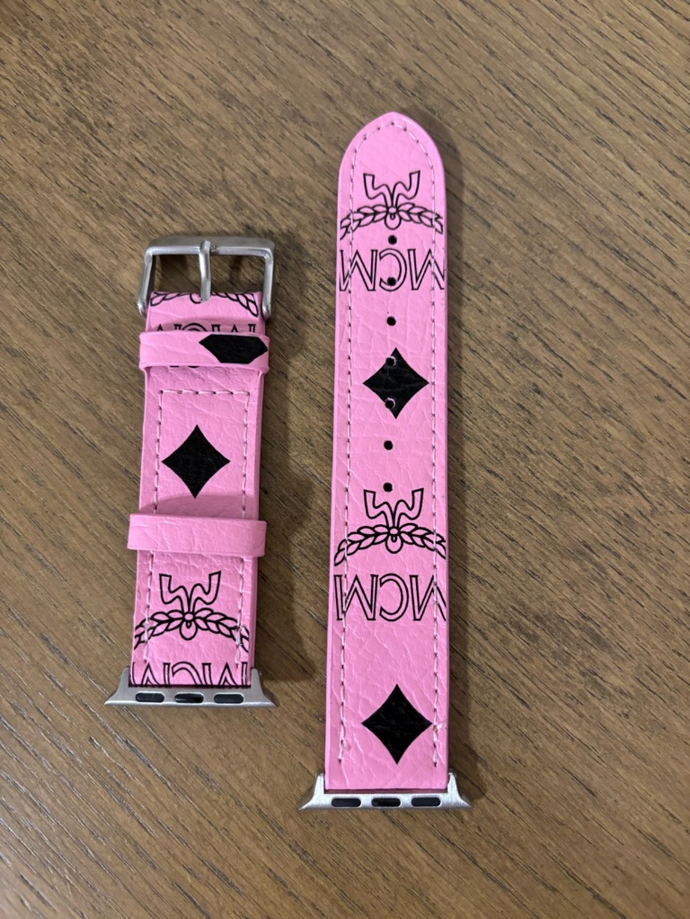 MCM Pink Leather Apple Watch Band with Black Logo Print